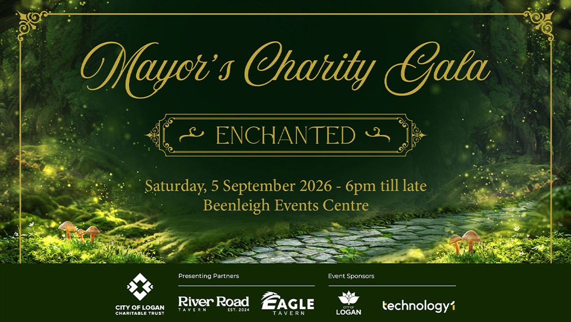 Mayor’s Charity Gala 2026 promotional banner with an enchanted forest theme, event details, and sponsor logos.